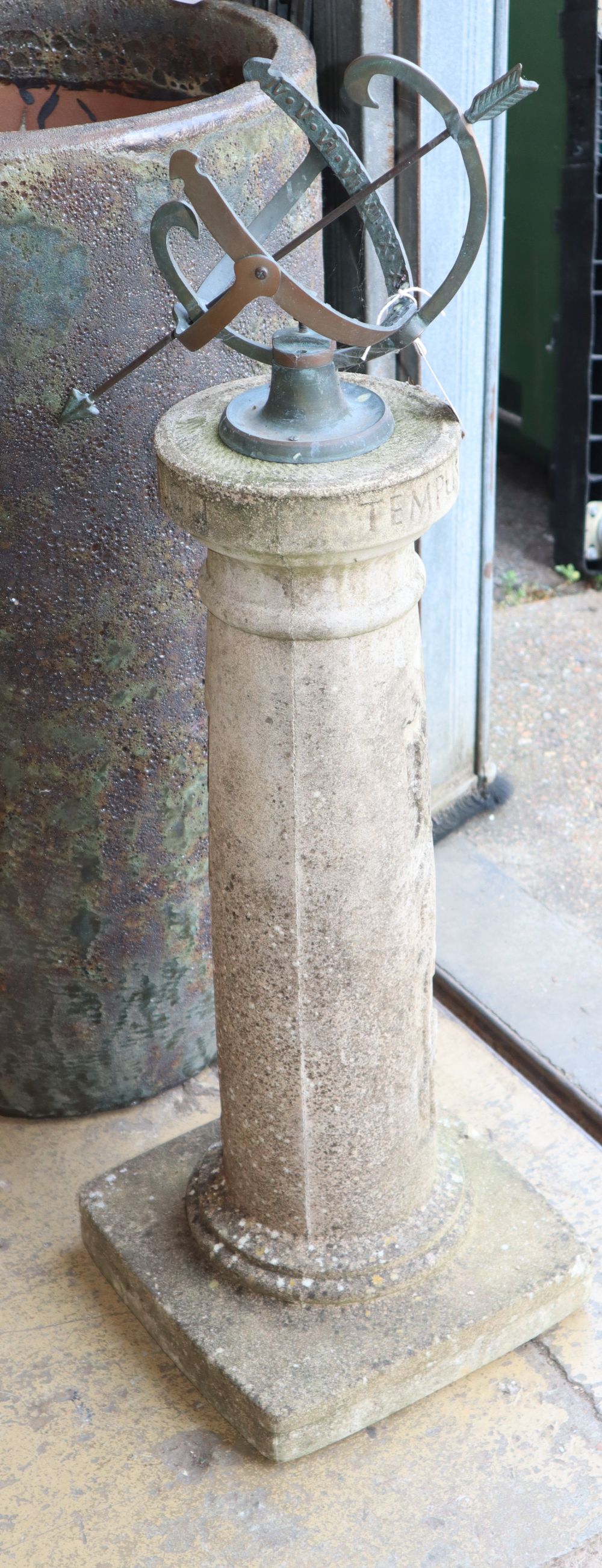 A reconstituted stone and bronze sun dial on column, H.100cm